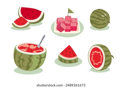 Summertime illustration. Watermelon day. Vector flat summer exotic fruit. Icon set of juicy watermelon cut in half, diced, sliced, watermelon ice cream on a white background