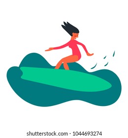 Summertime illustration. Woman surfing. Cartoon character. Hand drawn vector.