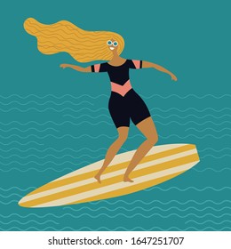 Summertime illustration woman surfing cartoon character hand drawn vector