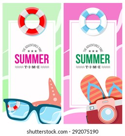 Summertime invite card concept with summer accessories, star, camera, flip flop, photo and other