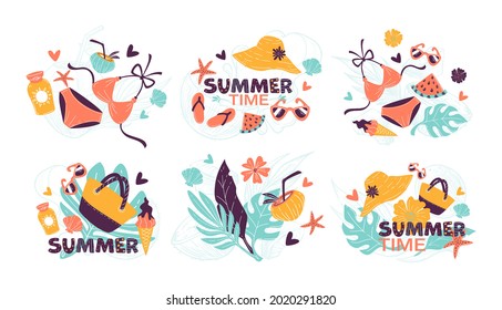 Summertime, isolated on white design, vector illustration. Holiday concept collection, vacation at sea element swimsuit, glasses and ice cream. Tropical leaves at poster collection, summer travel.