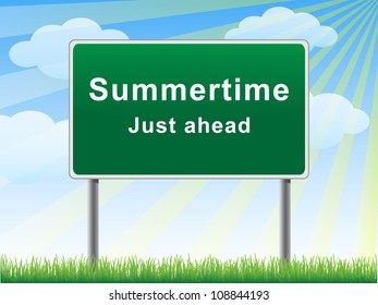 Summertime just ahead billboard on background sun beams.