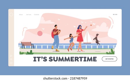 Summertime Landing Page Template. Happy Family Characters Walking along Embankment with Seaview and Floating Yacht. Father, Mother with Daughter Spend Time Together. Cartoon People Vector Illustration