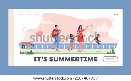 Summertime Landing Page Template. Happy Family Characters Walking along Embankment with Seaview and Floating Yacht. Father, Mother with Daughter Spend Time Together. Cartoon People Vector Illustration