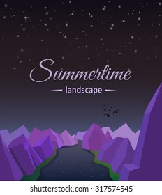 Summertime landscape. Beautiful vector template for your design. Night natural landscape illustration with birds, hills, sky, stars and river