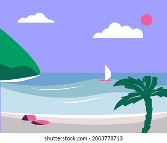 Sommerliche Landschaft Vektorgrafik. Hintergrund mit Meer, Strand, Palmen und Berg. 