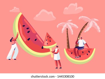 Summertime Leisure, Beach Party. Tiny Male and Female Characters with Huge Watermelon. People Enjoying Summer Vacation, Holidays, Playing, Eating, Relaxing on Seaside. Cartoon Flat Vector Illustration