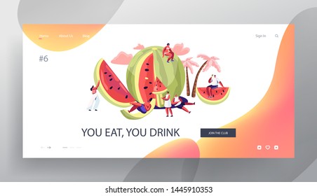 Summertime Leisure, Beach Party Website Landing Page, Tiny Characters with Huge Watermelon Enjoying Summer Vacation, Holidays, Eating Ice Cream, Web Page. Cartoon Flat Vector Illustration, Banner