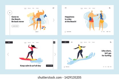 Summertime Leisure, Sport Activity Website Landing Page Set, Young and Senior People Relaxing on Beach, Surfing, Spending Time on Exotic Seaside Web Page. Cartoon Flat Vector Illustration, Banner