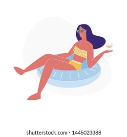 Summertime Leisure, Vacation. Young Happy Woman Relaxing on Resort, Floating at Inflatable Ring in Swimming Pool and Drinking Cocktail. Tropical Vacation Sparetime. Cartoon Flat Vector Illustration