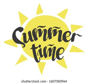 - Summertime - lettering calligraphy decorated with a sun symbol on the background. Hand written word, vector template for your print design