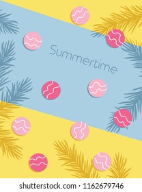 Summertime lettering with circles and leaf pattern background greeting card. Vector illustration
