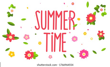Hora de verano. Letras y plantas. Hojas y flores rosas sobre un fondo blanco. Cartel, postal o elemento decorativo para el diseño.