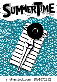 summertime lettering. girl in swimsuit and hat on mattress in sea. monochrome. summer poster