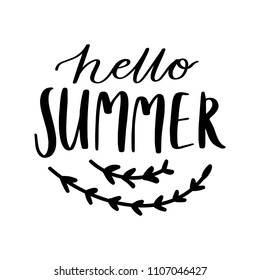 Summertime lettering, modern calligraphy text with doodles: Hello Summer. Text composition in handwritten vector style