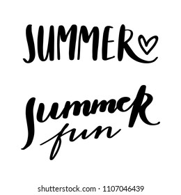 Summertime lettering, modern calligraphy text with doodles: Summer Fun with heart. Text composition in handwritten vector style