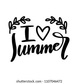 Summertime lettering, modern calligraphy text with doodles: I love Summer with heart. Text composition in handwritten vector style