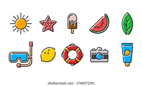 Conjunto de iconos de la línea de verano. Símbolos del contorno de verano con color. Vacaciones y relajación. Ilustración vectorial.