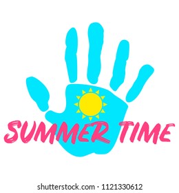 Summertime logo with bright palm for travel and travel. Flat vector cartoon illustration. Objects isolated on a white background.