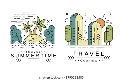 Summertime Logo Design Set, Travel Badges or Labels Cartoon Vector Illustration