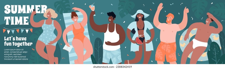 Summertime long horizontal banner. Beach or pool party. Diverse people in swimsuits have fun. Cute flat vector modern illustration.