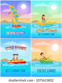Summertime lovely summer, collection of posters with titles and windsurfing, boating and banana boat, donut ride, isolated on vector illustration