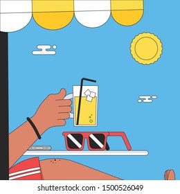 Summertime. Lying down on sun bed lounge chair with orange juices. Holiday summer illustration, hand, lifestyle, relax on the beach.
