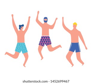 summertime men in bathing shorts jumping with up arms vector illustration digital image