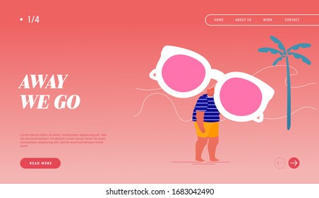 Summertime Nature Vacation, Holiday and Active Lifestyle Landing Page Template. Happy Overweight Male Character Hold Huge Sunglasses in Hands Stand on Summer Sandy Beach. Cartoon Vector Illustration