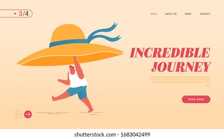 Summertime Nature Vacation Landing Page Template. Holiday and Active Lifestyle. Young Happy Overweight Man Character with Huge Tropical Hat Run at Summer Beach, Open Mind. Cartoon Vector Illustration