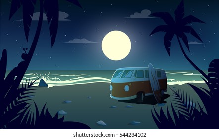 Summertime At The Night.Retro Car Stand On Beach.Cartoon Style.Vector Illustration