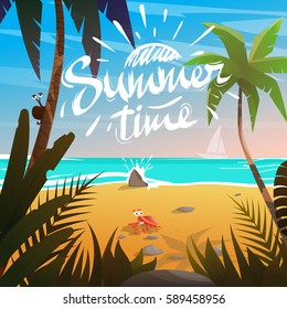 Summertime on beach by the sea.Plants around.Cartoon vector illustration