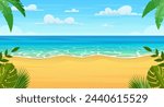 Summertime on the beach. cartoon Palms and plants around. Summer vacation on sea coast. Tropical paradise island sandy beach, palm trees and sea. Vector illustration in flat style