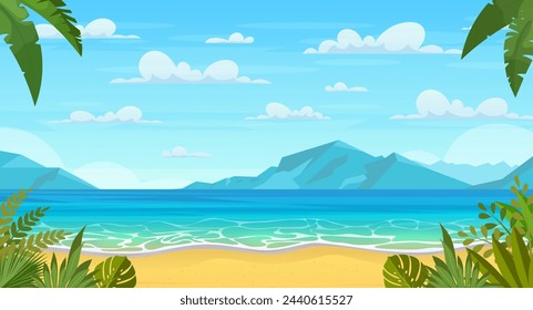 Verano en la playa. Palmas de dibujos animados y plantas alrededor. Vacaciones de verano en la costa. Tropical paradise island playa de arena, palmeras y mar. Ilustración vectorial en estilo plano