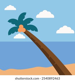 Summertime on the beach. cartoon Palms and plants around. Summer vacation on sea coast. Tropical paradise island sandy beach, palm trees and sea. Vector illustration in flat style