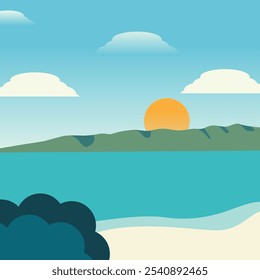 Summertime on the beach. cartoon Palms and plants around. Summer vacation on sea coast. Tropical paradise island sandy beach, palm trees and sea. Vector illustration in flat style