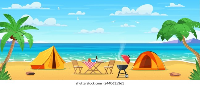 Summertime on the beach. cartoon Tourist tent camping on the tropical beach. Summer vacation on sea coast. Vector illustration in flat style