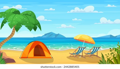 Tienda de campaña turística y tumbonas en la playa tropical. Vacaciones de verano en la costa. Ilustración vectorial en estilo plano