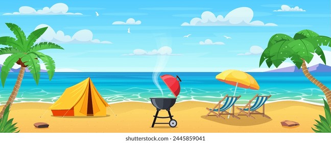 Verano en la playa. caricatura Tienda de campaña turística y tumbonas en la playa tropical . Vacaciones de verano en la costa. Ilustración vectorial en estilo plano