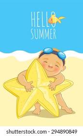 Summertime on a beach. Cute boy with the starfish.