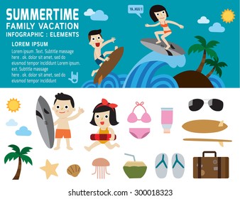 summertime on the beach. family vacation concept. infographic elements. flat icons vector illustration.
