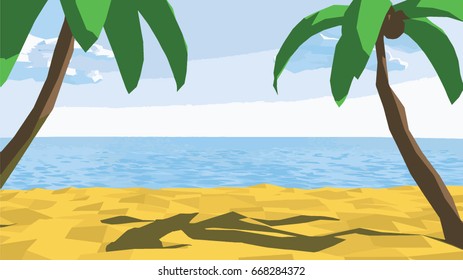 Summertime on the beach. Low poly  palm, cartoon vector illustration. Sand, sea, sky.