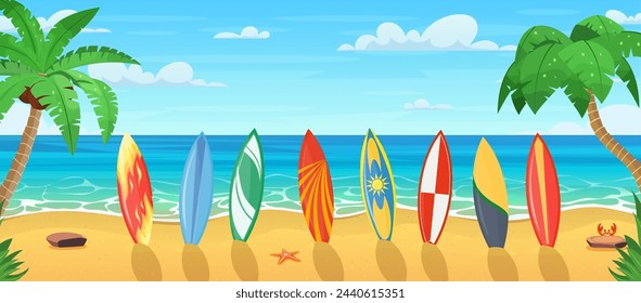 Summertime on the beach with many surfboards. cartoon Palms and plants around. Summer vacation on sea coast. Tropical paradise sandy beach, palm trees and sea. Vector illustration in flat style