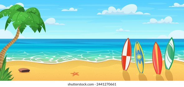 Summertime on the beach with many surfboards. cartoon Palms and plants around. Summer vacation on sea coast. Tropical paradise sandy beach, palm trees and sea. Vector illustration in flat style