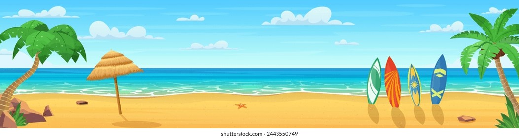 Summertime on the beach with many surfboards. cartoon Palms and plants around. Summer vacation on sea coast. Tropical paradise sandy beach, palm trees and sea. Vector illustration in flat style