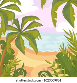 Summertime on the beach. Palms and plants. Cartoon vector. Summer vacation