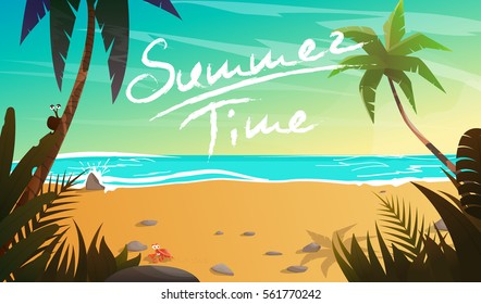 Summertime on the beach. Palms and plants around.Cartoon vector illustration. Summer vacation on sea coast