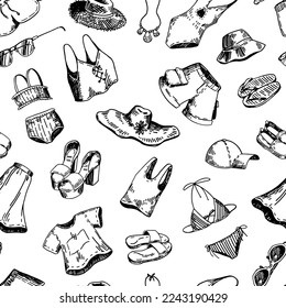 Ornamento de verano en estilo de esbozo. Ropa de vectores sin fisuras de ropa de verano, accesorios, trajes de baño. Diseño de planos de contorno abstracto.
