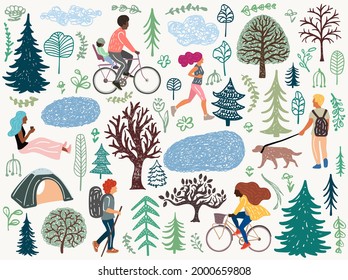 Summertime outdoor activities. People cycling, running, hiking, walking and relaxing in a park. Vector illustration