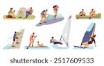 Summertime outdoors activities flat vector illustrations set. Scenes of different people camping, hiking, canoeing, sup surfing, windsurfing, sailing, climbing isolated on white.